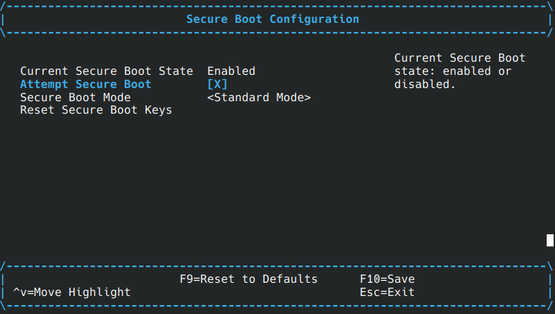 Screenshot of the firmware Secure Boot Configuration menu